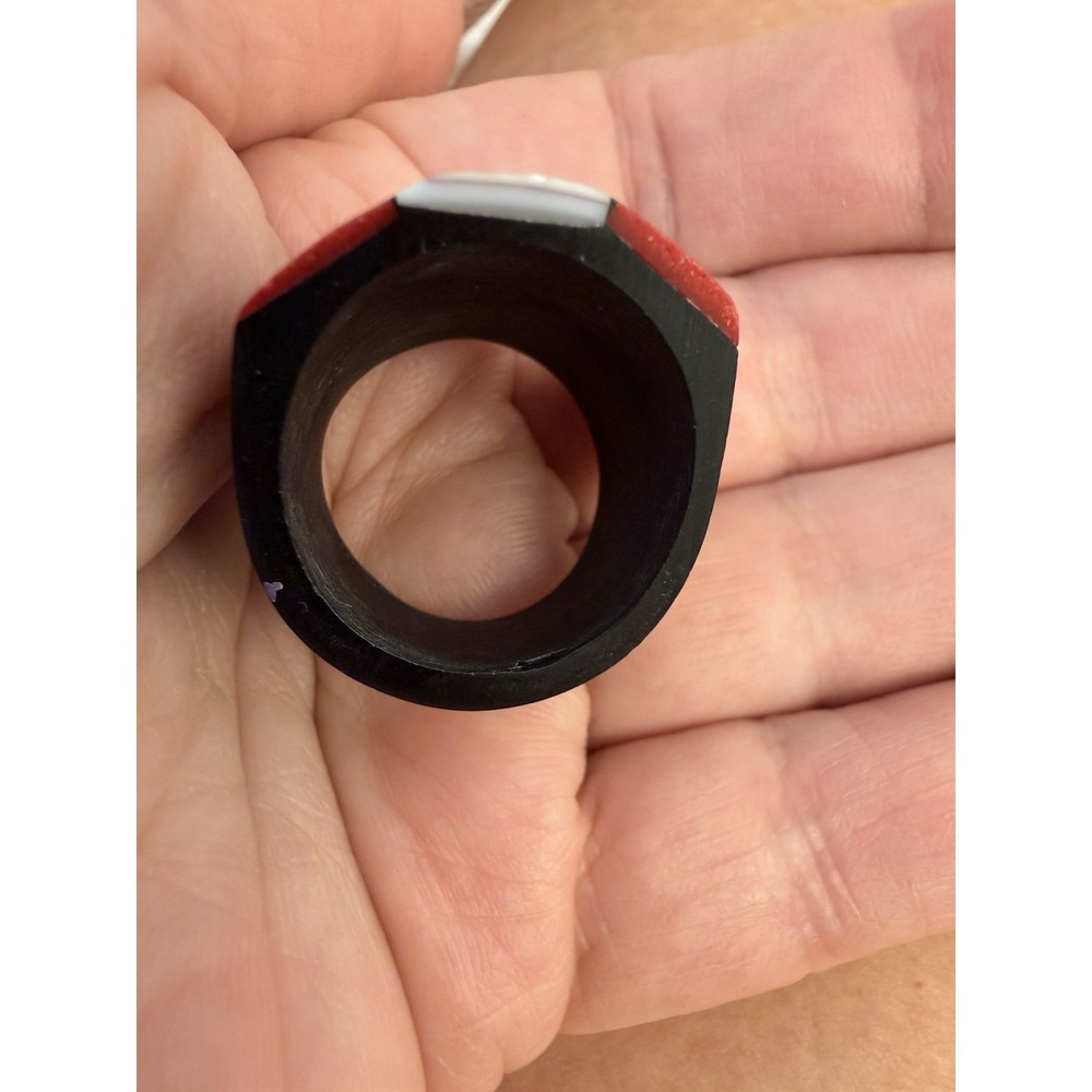 Horn Artisan Mosaic Statement L 8.5 Ring Red White Blk Inlay Geometric Cocktail - Picture 7 of 12